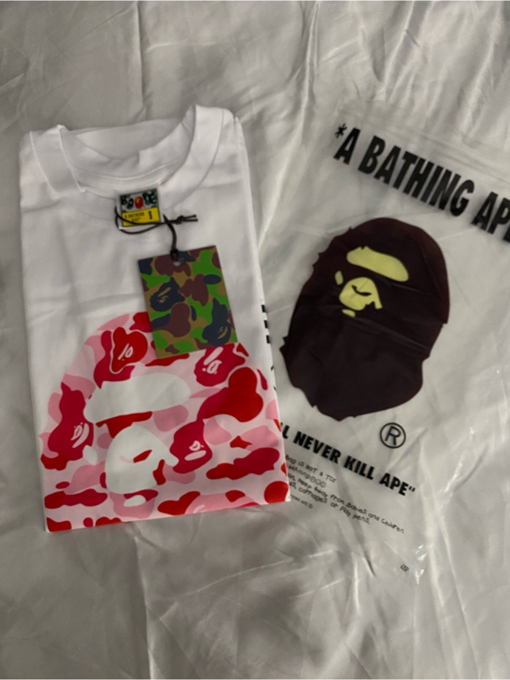 Bape Women's White Tee with Pink & Red Camo Ape Head